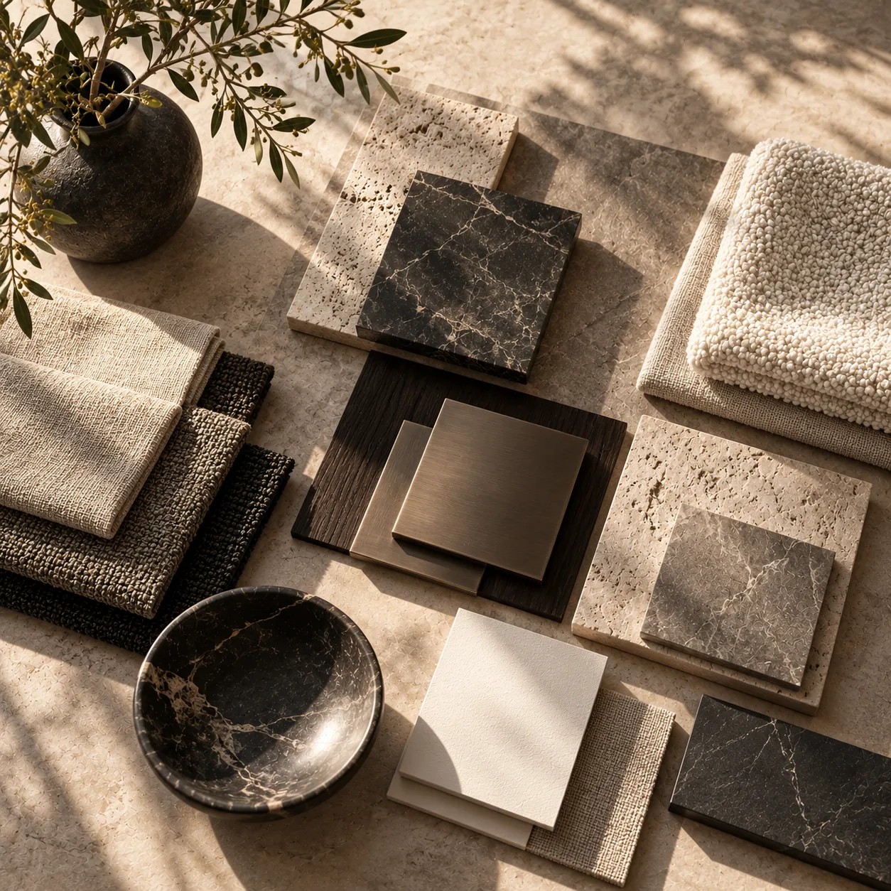 Interior material samples, fabrics, stone and finishes in a neutral moodboard