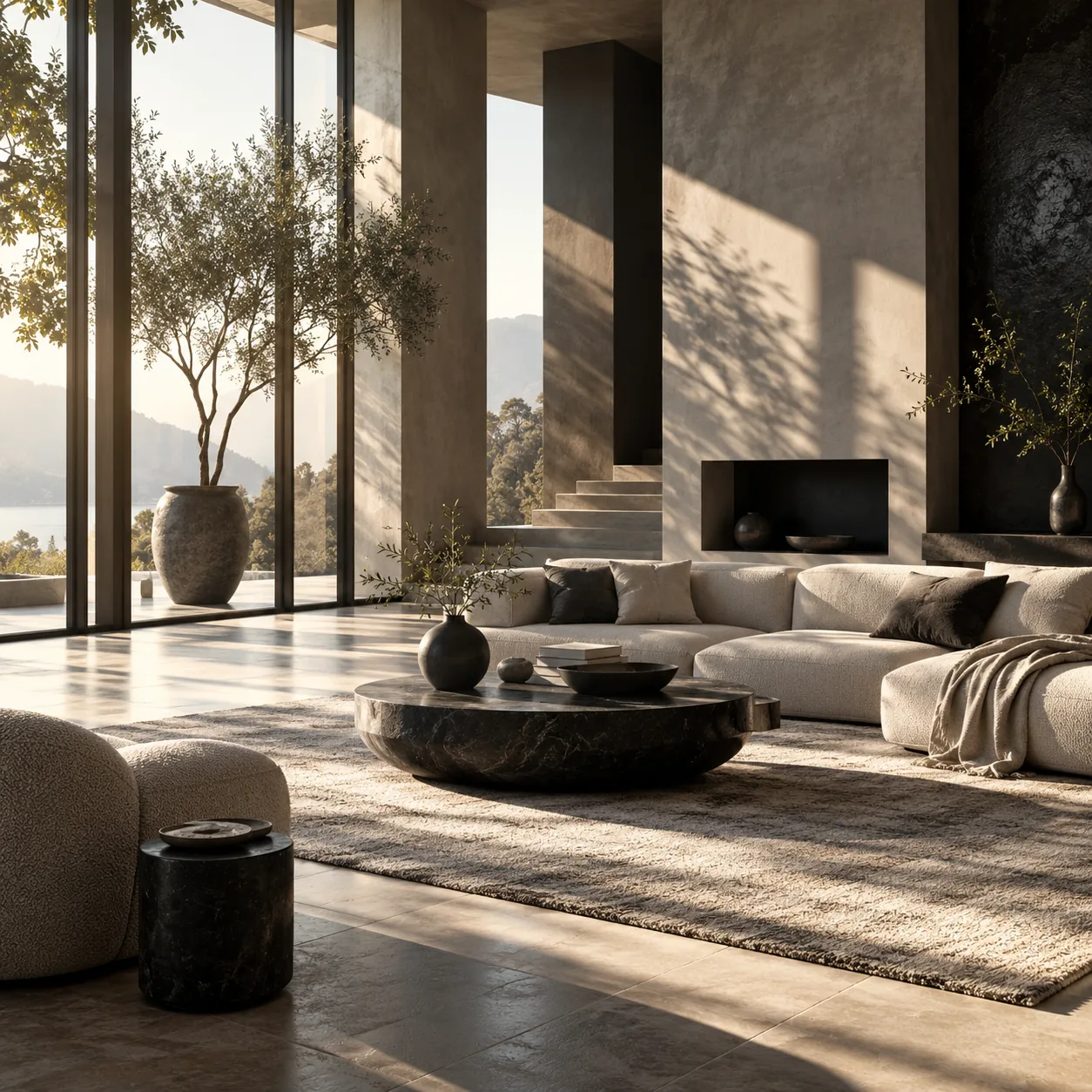 Natural daylight casting geometric shadows across a sculptural interior